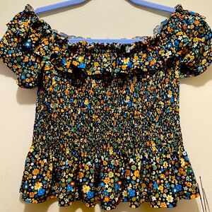 BCBG off the shoulder cold shoulder peasant flower blouse peplum top size small